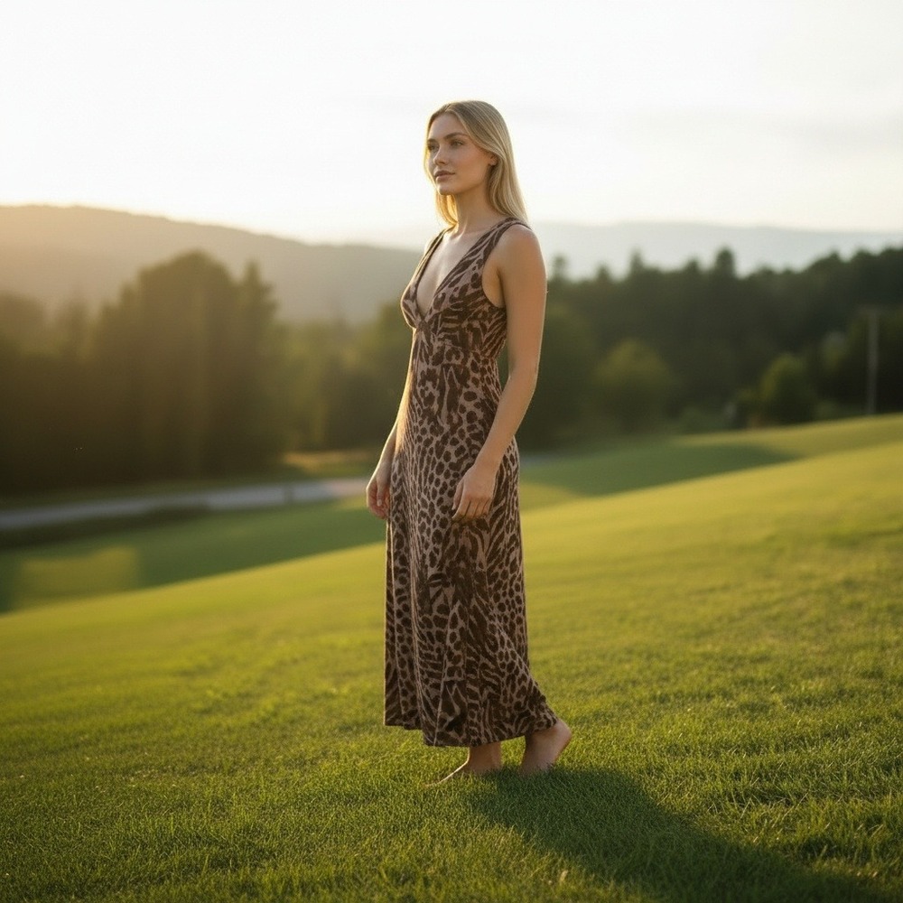 Pilcro Anthropologie Animal Print V Neck Maxi Dress Brown Tan Women's Size XS